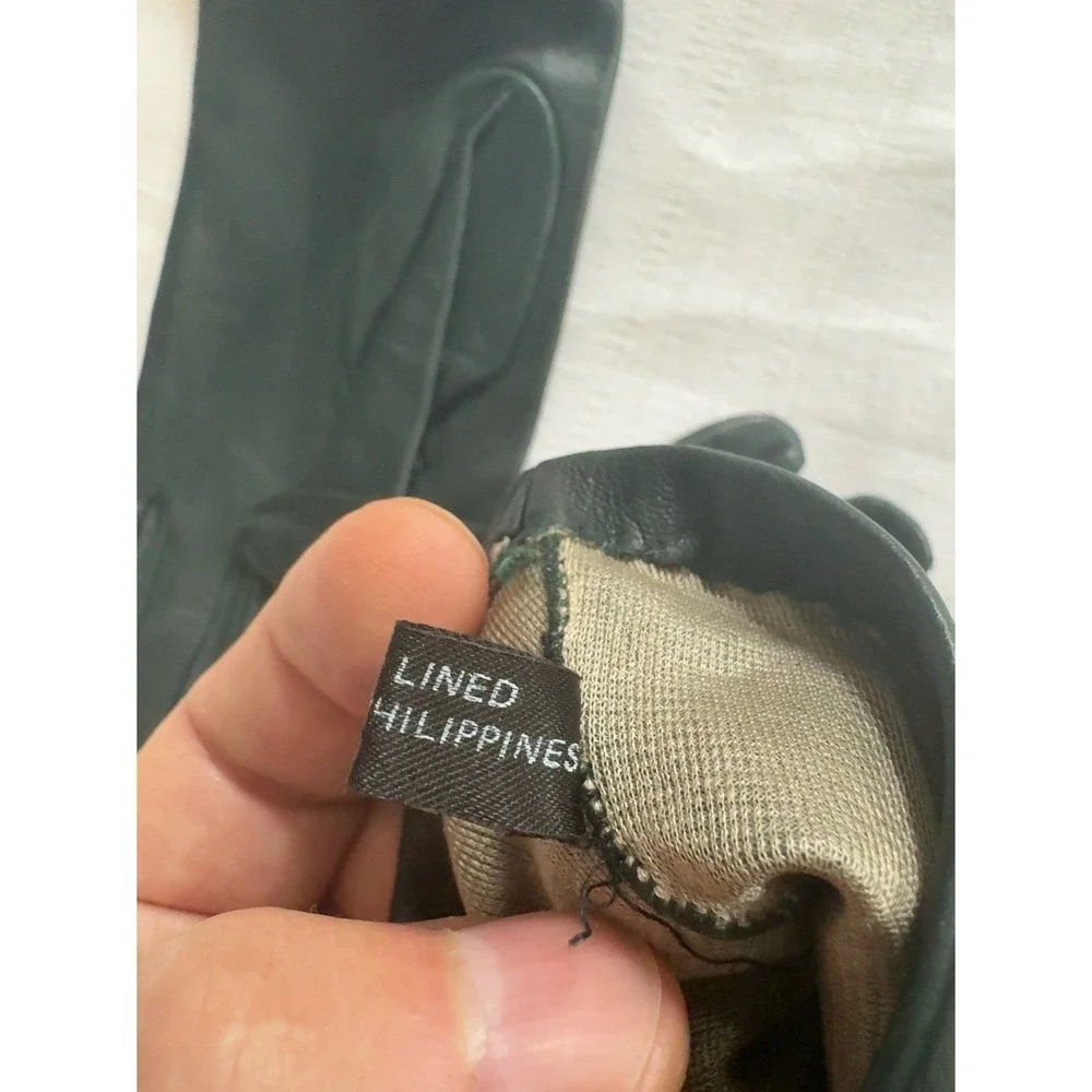 Vintage Dark Green Leather Gloves Womens Size 6.5 Silk Lined Philippines